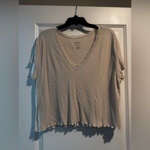 American Eagle Outfitters Cream Lace Trim Crop Tee